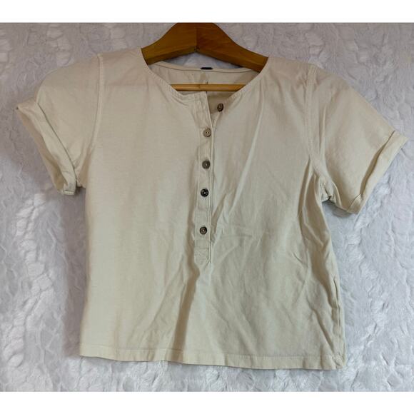 Free People Lot of 2 Short Sleeve Crop Tops Cream Henley / Black Scoop XS / S - Picture 2 of 16